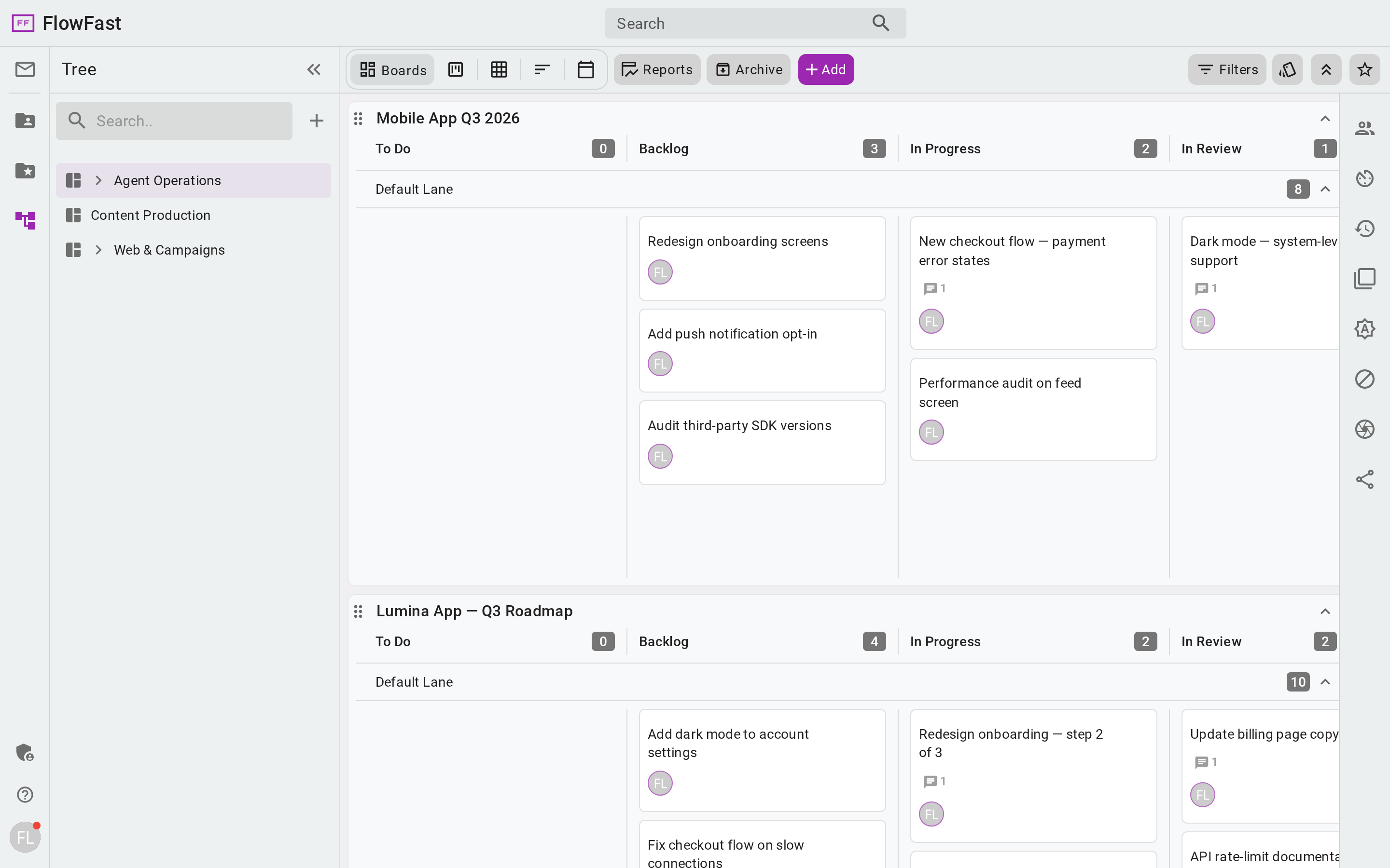 FlowFast kanban board showing five columns — Backlog, Up Next, In Progress, In Review, and Done — with cards from a mobile product team's sprint